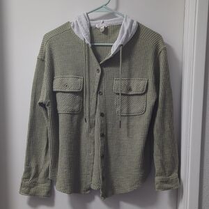 Hippie Rose Olive Button Down Shirt with Gray Hoodie